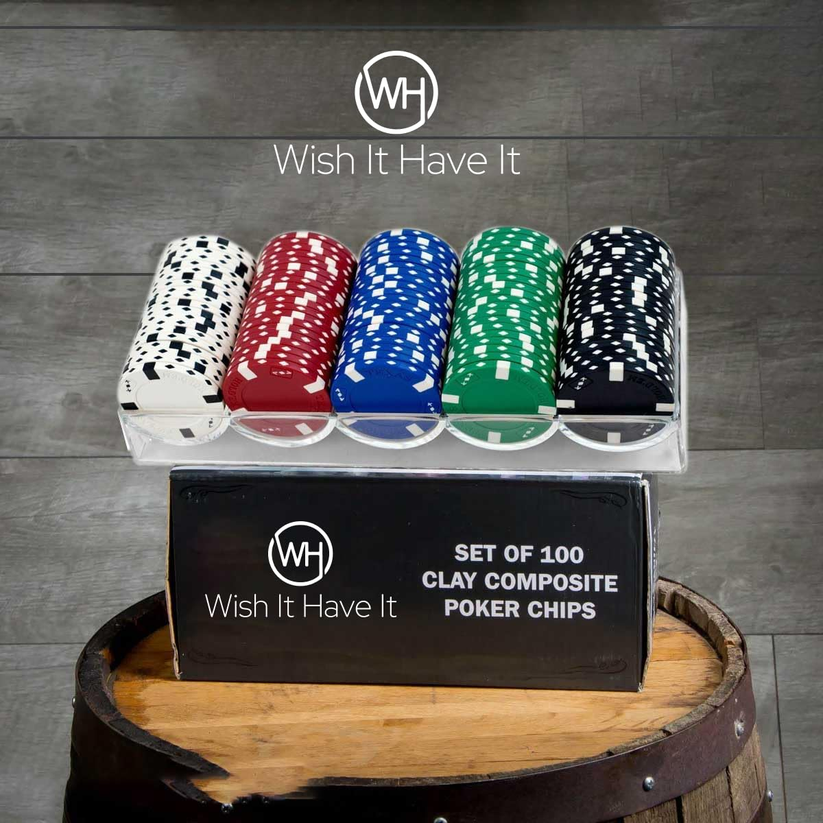 Wish It Have It Poker Chips Set, 100 Count, Multi-Color, with Clear Acrylic Storage Case, 5-Row Chip Holder